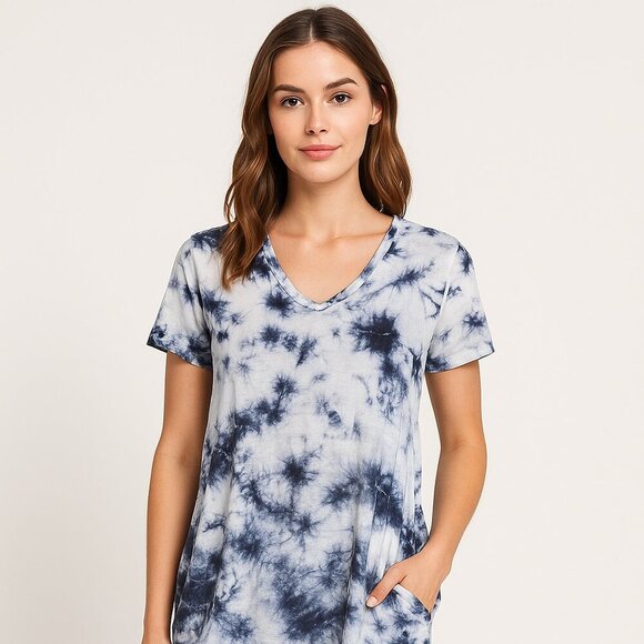 XCVI Blue White Tie Dye Short Sleeve Hooded Cotton Linen Dress Size M - Picture 13 of 13